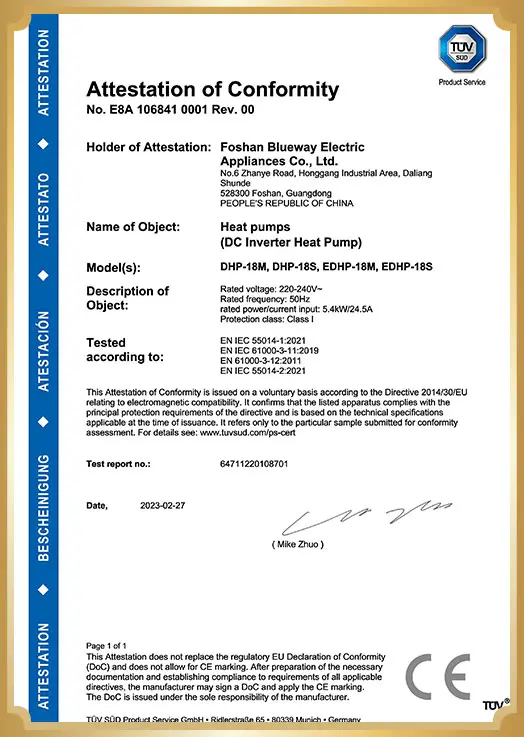Blueway Air Cooled Chiller For Commercial Buildings compliance certification